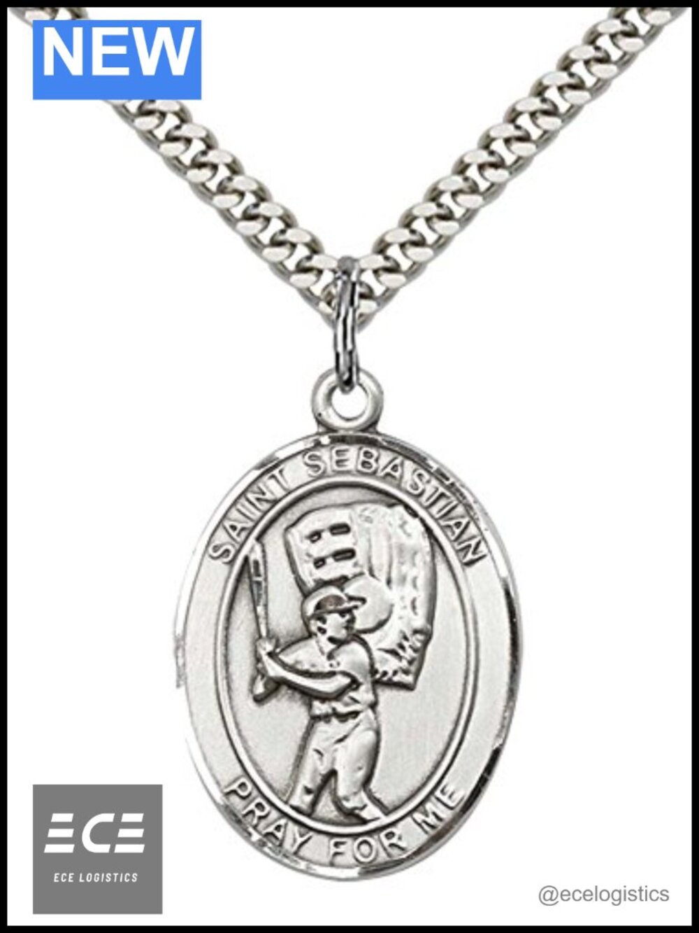 Sterling Silver St. Sebastian Baseball Medal Pendant Necklace 24"